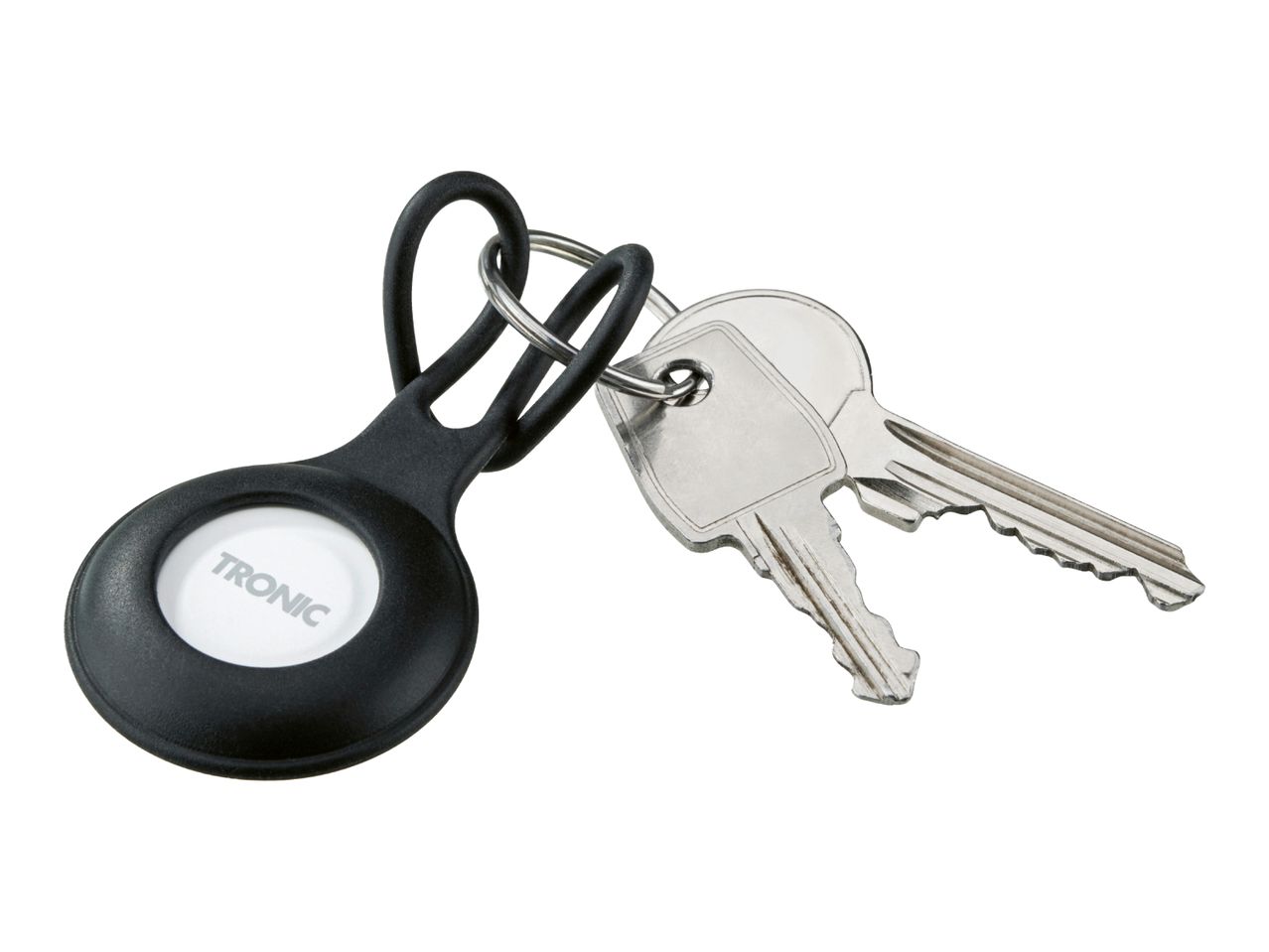 A black key finder with a white button and two silver keys on a keyring.