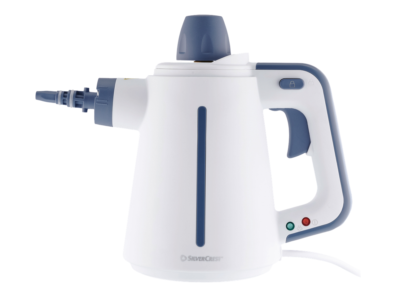 Бяла ръчна парочистачка със сини акценти, индикатор за нивото на водата и бутони за включване/изключване.