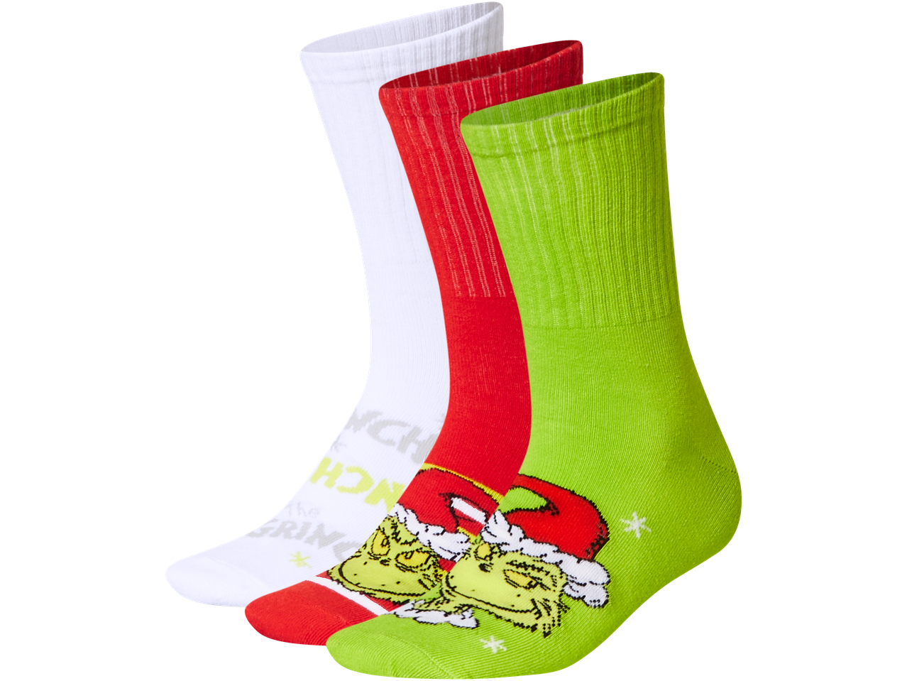 Trys Grinčo kojinių poros baltos, raudonos ir žalios spalvos.