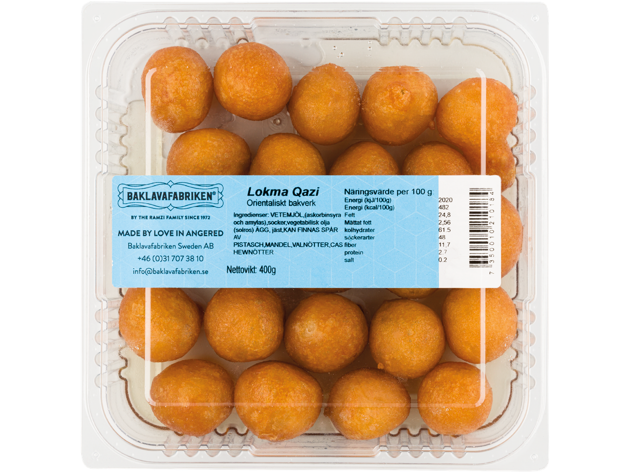Baklavafabriken's Lokma Qazi, orientaliska bakverk, i en genomskinlig plastförpackning.