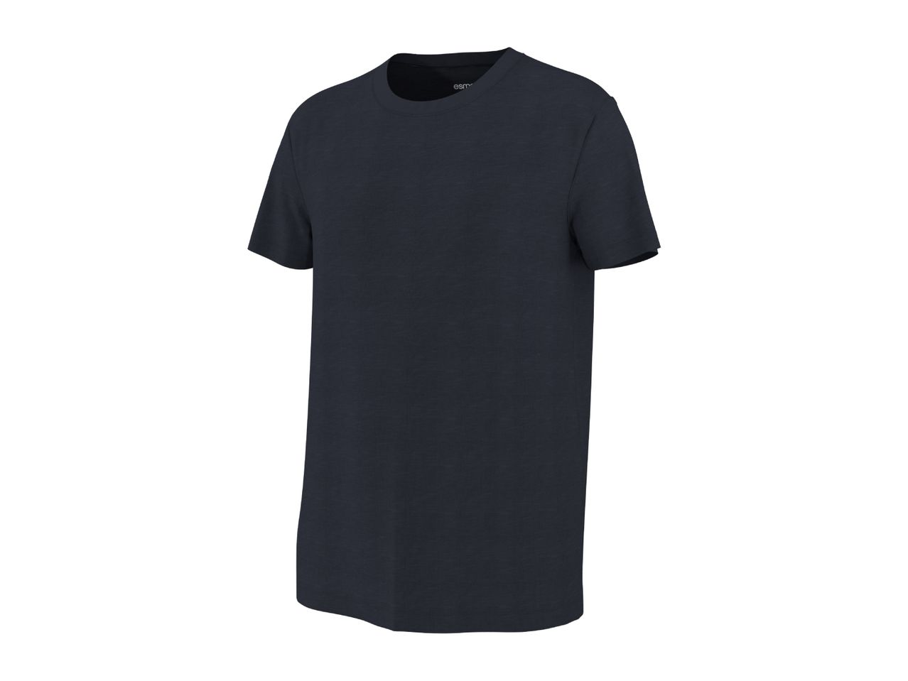 Dark blue short-sleeved crew neck t-shirt, angled view.
