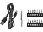 USB-kábel, mágneses bittartó és csavarhúzó bitek készlete.