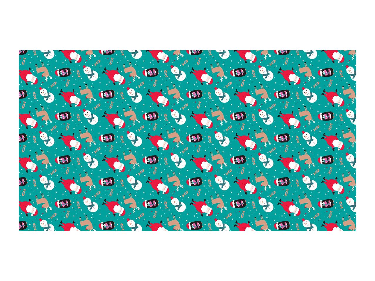 Christmas pattern with Santa, snowmen, reindeer, and fish on a teal background.