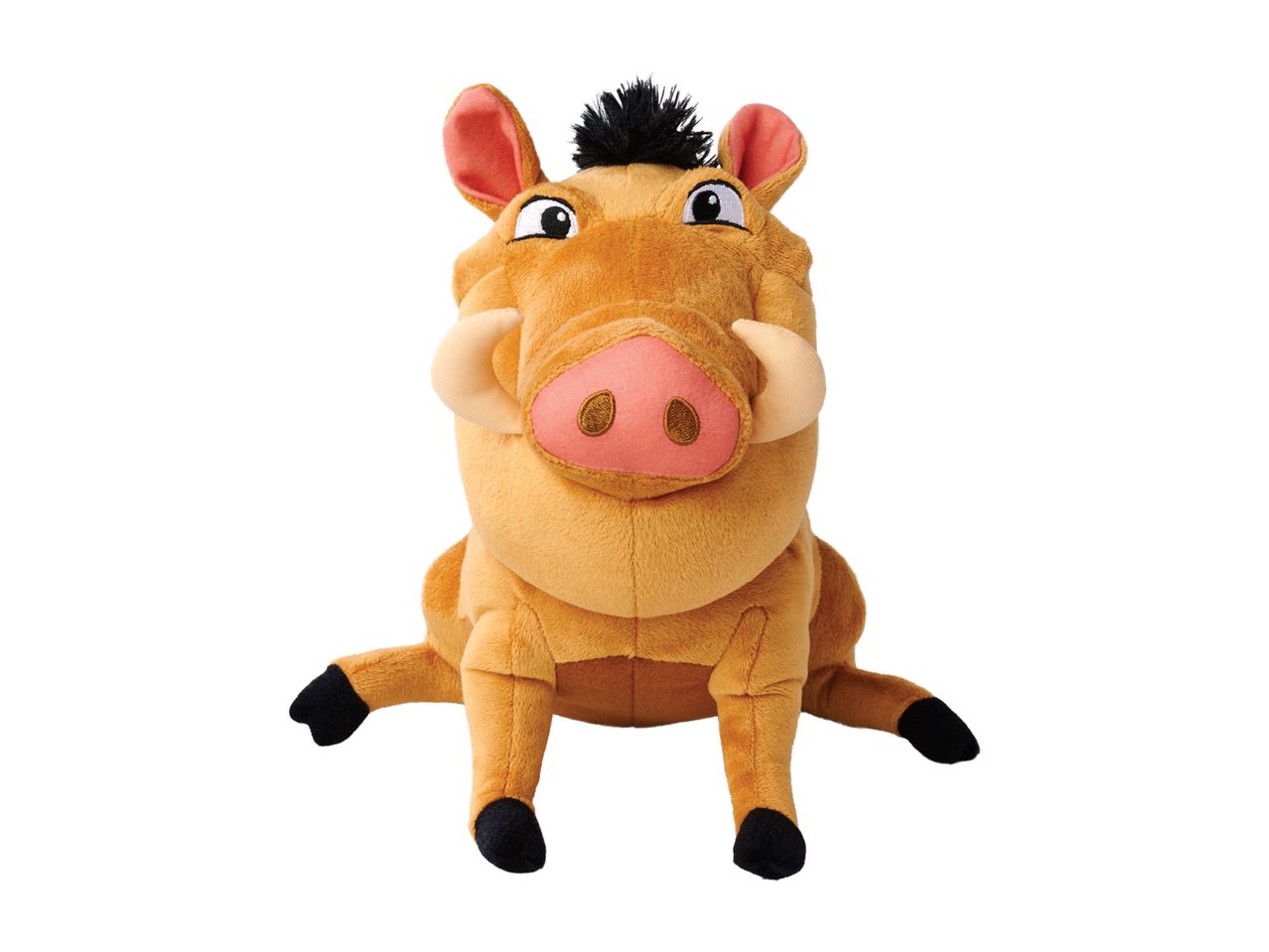 A plush Pumbaa toy from Disney's The Lion King sits looking upward.