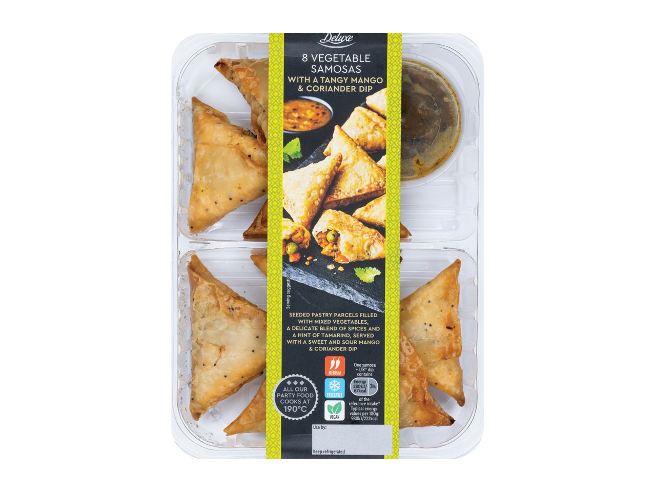 8 vegetable samosas with a tangy mango and coriander dip in a clear plastic container.