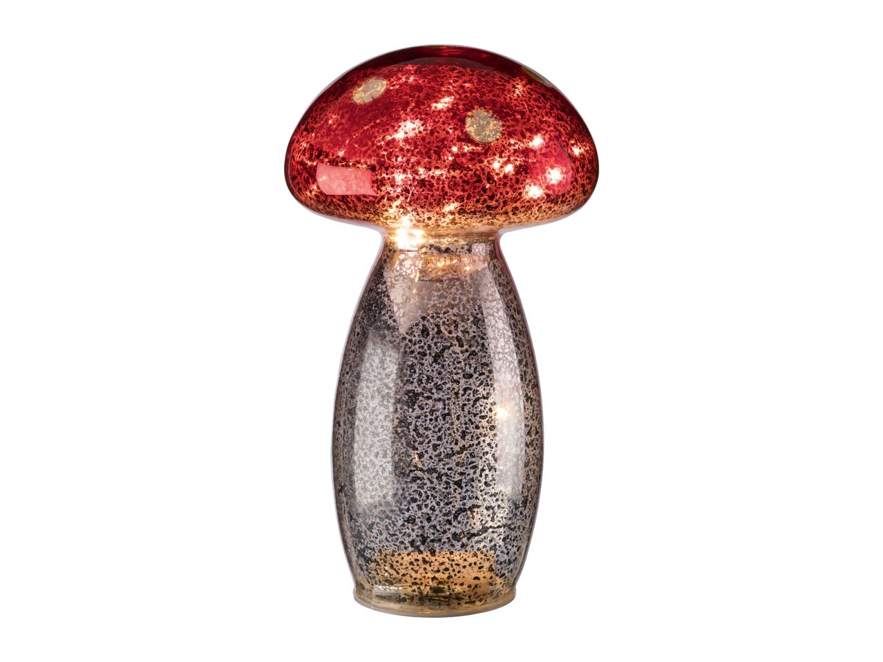 Mushroom-shaped table lamp with a red cap and a speckled silver base