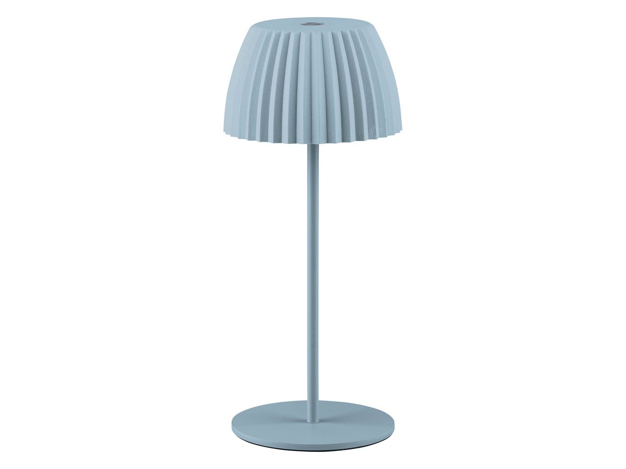 Light blue floor lamp with a pleated shade and round base.
