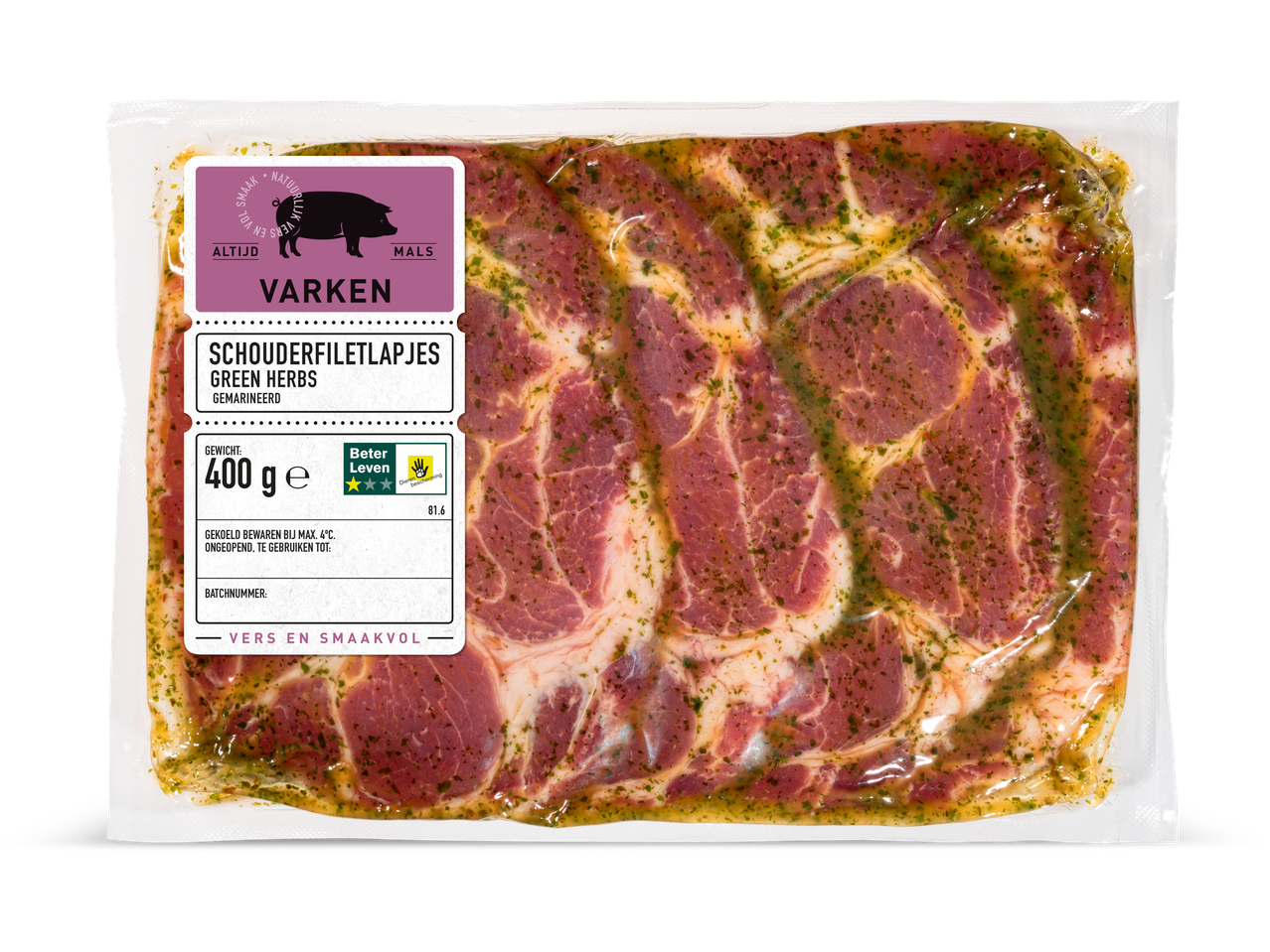 Gemarineerde varkens schouderfiletlapjes, 400g, Beter Leven.