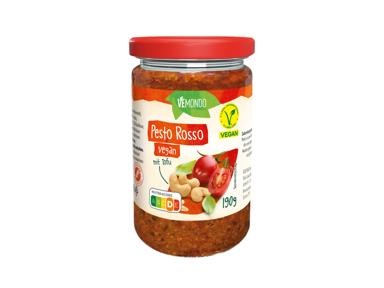 Veganes Pesto Rosso von Vemondo mit Tofu, Cashews und Tomaten.