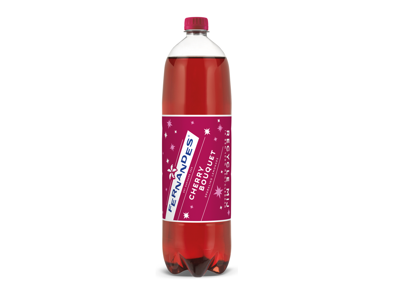 Fles mousserende kersenlimonade met een roze etiket en sterren.