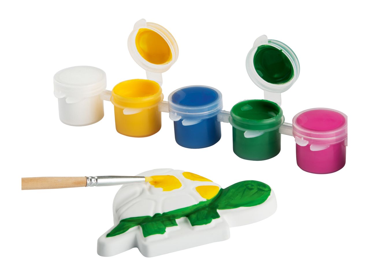 A paint-your-own turtle craft kit with paint pots and a brush.