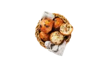 Gebakken bollen met rozijnen in een mandje.