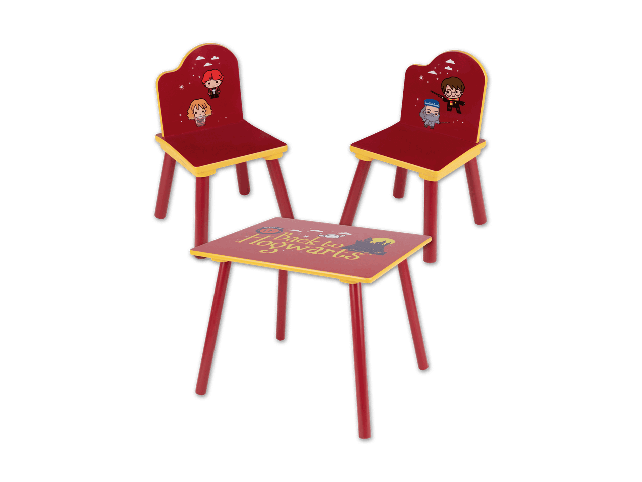 Harry-Potter-Kindertisch und -stühle im rot-gelben Design.