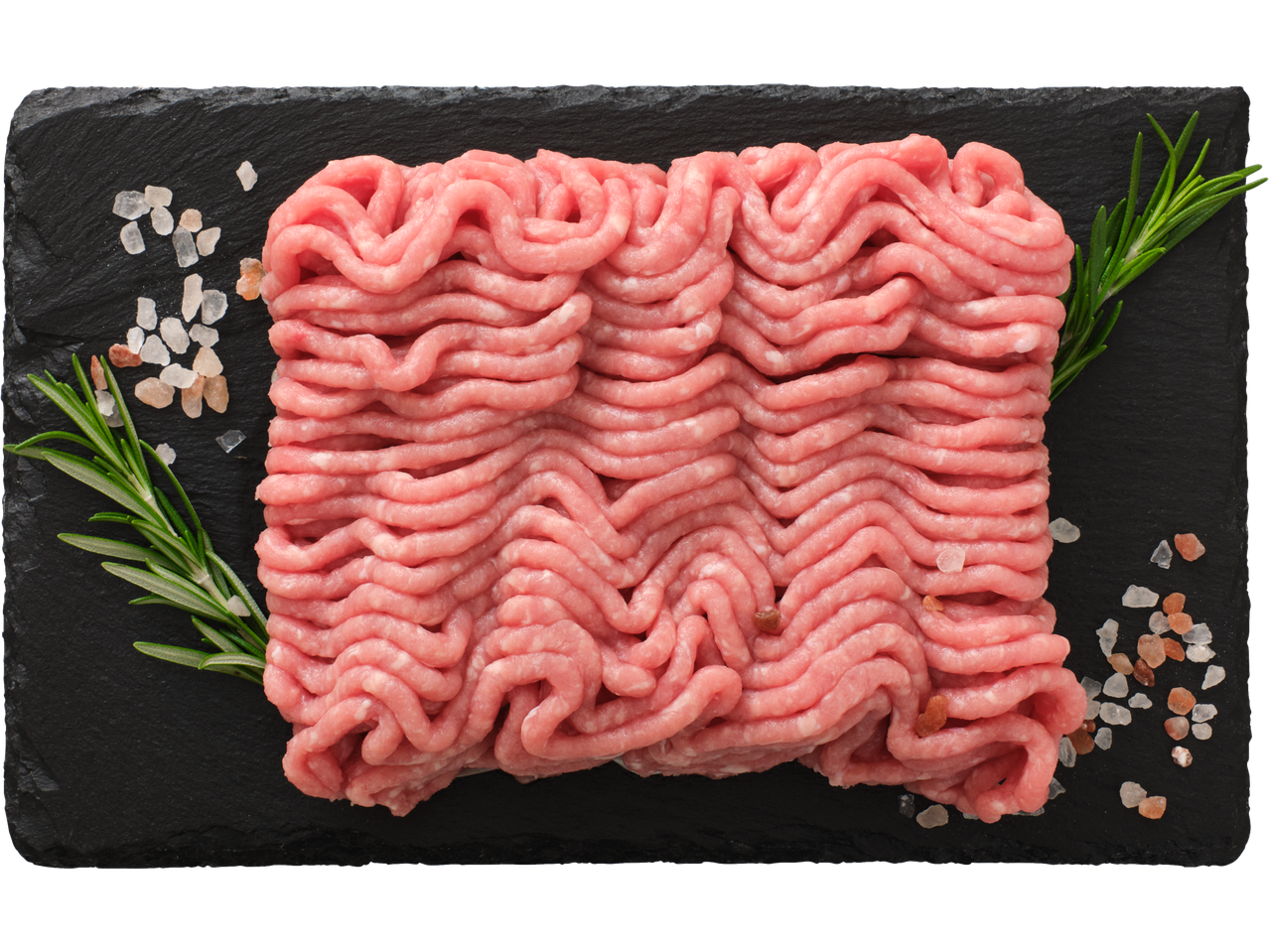 Seahakkliha mustal kiltkiviplaadil rosmariini ja soolakristallidega