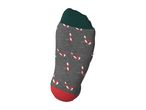 Grey sock with a festive candy cane pattern, green cuff, and red toe.