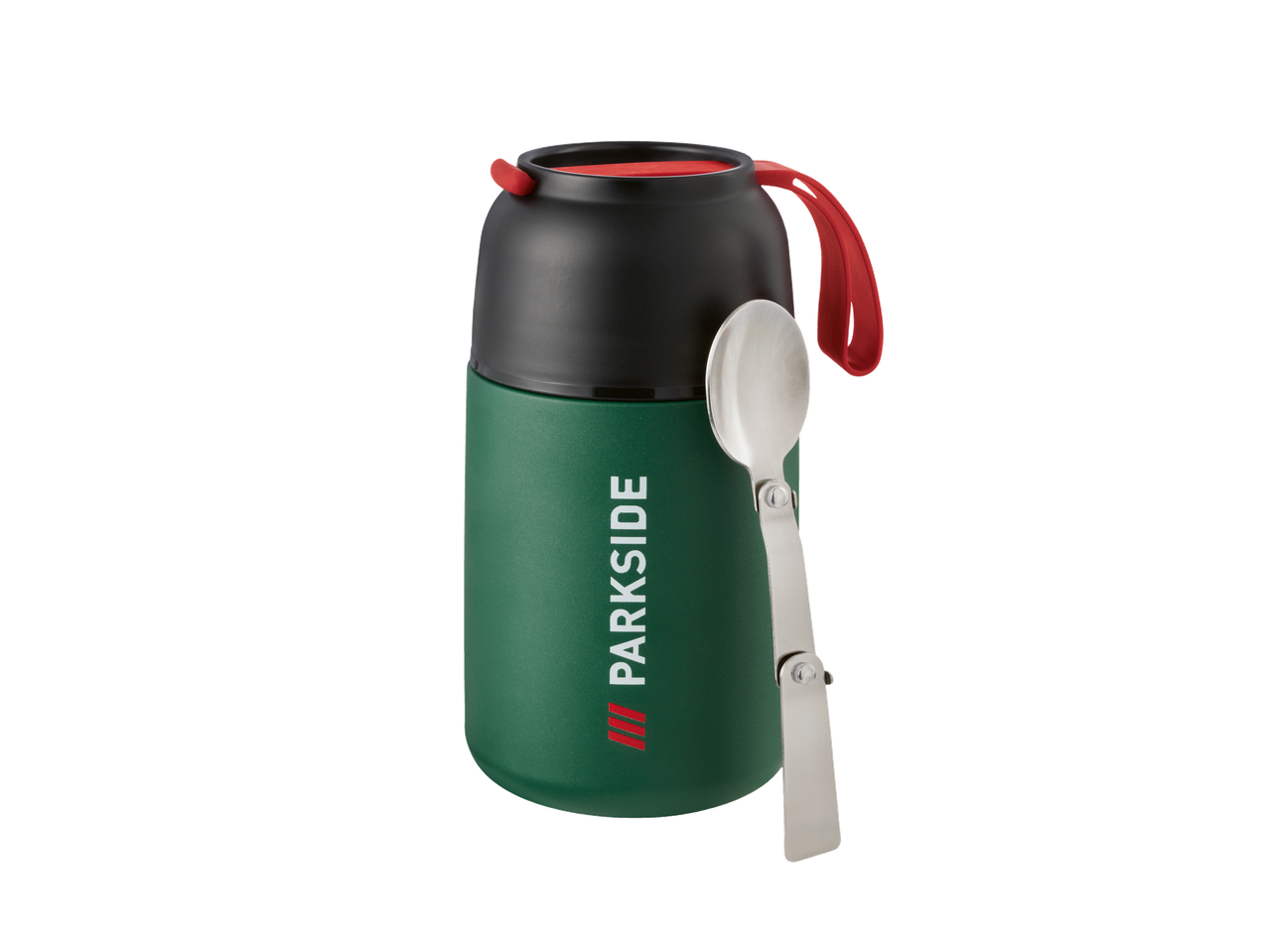 A green and black Parkside food thermos with a red handle and a folding spoon.