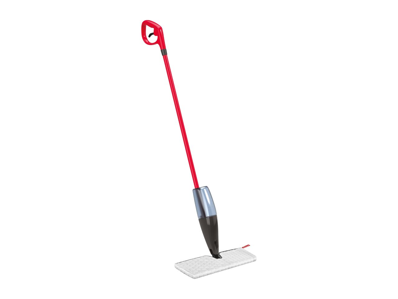 A red and black spray mop with a white cleaning pad.