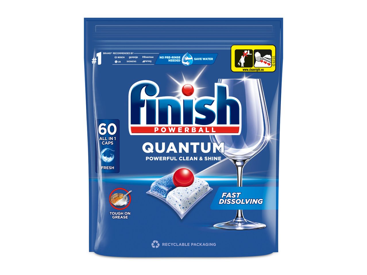 Pachet de capsule Finish Quantum Powerball pentru mașina de spălat vase, cu 60 de capsule.