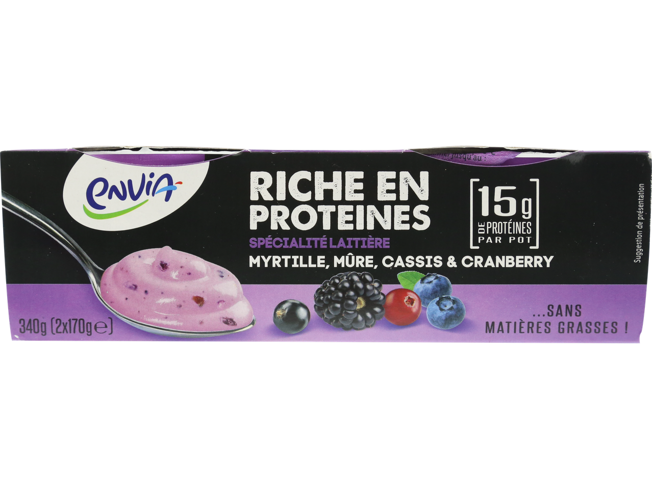 Yaourt Envia riche en protéines aux fruits rouges.