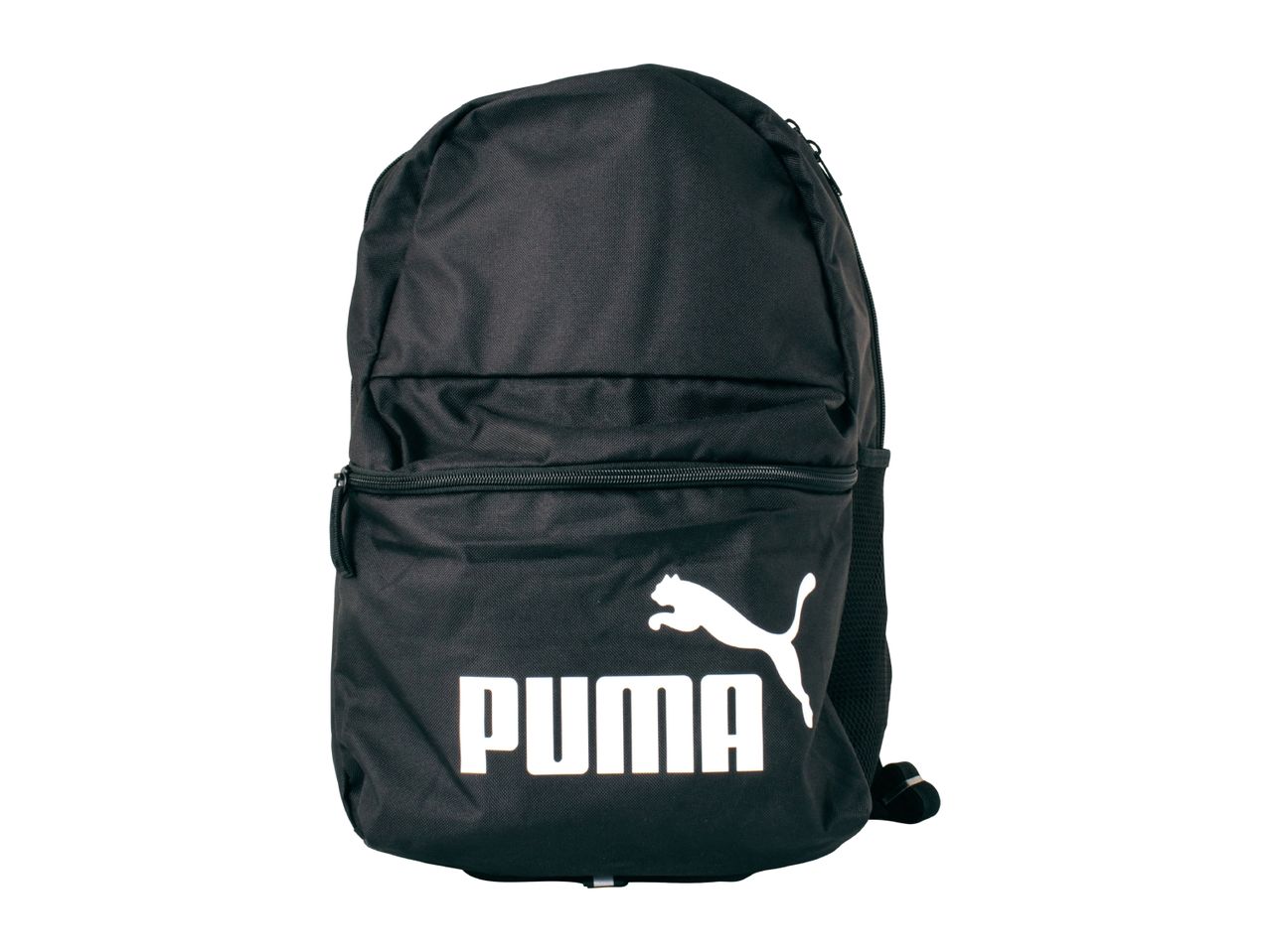 Black backpack with a white leaping feline logo and text on the front.