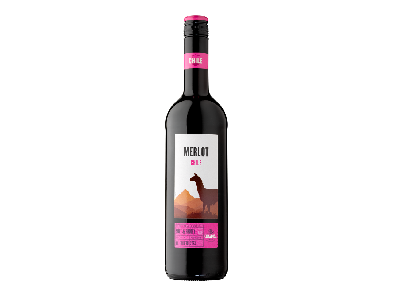 O sticlă de vin roșu Merlot din Chile, cu etichetă albă și roz.