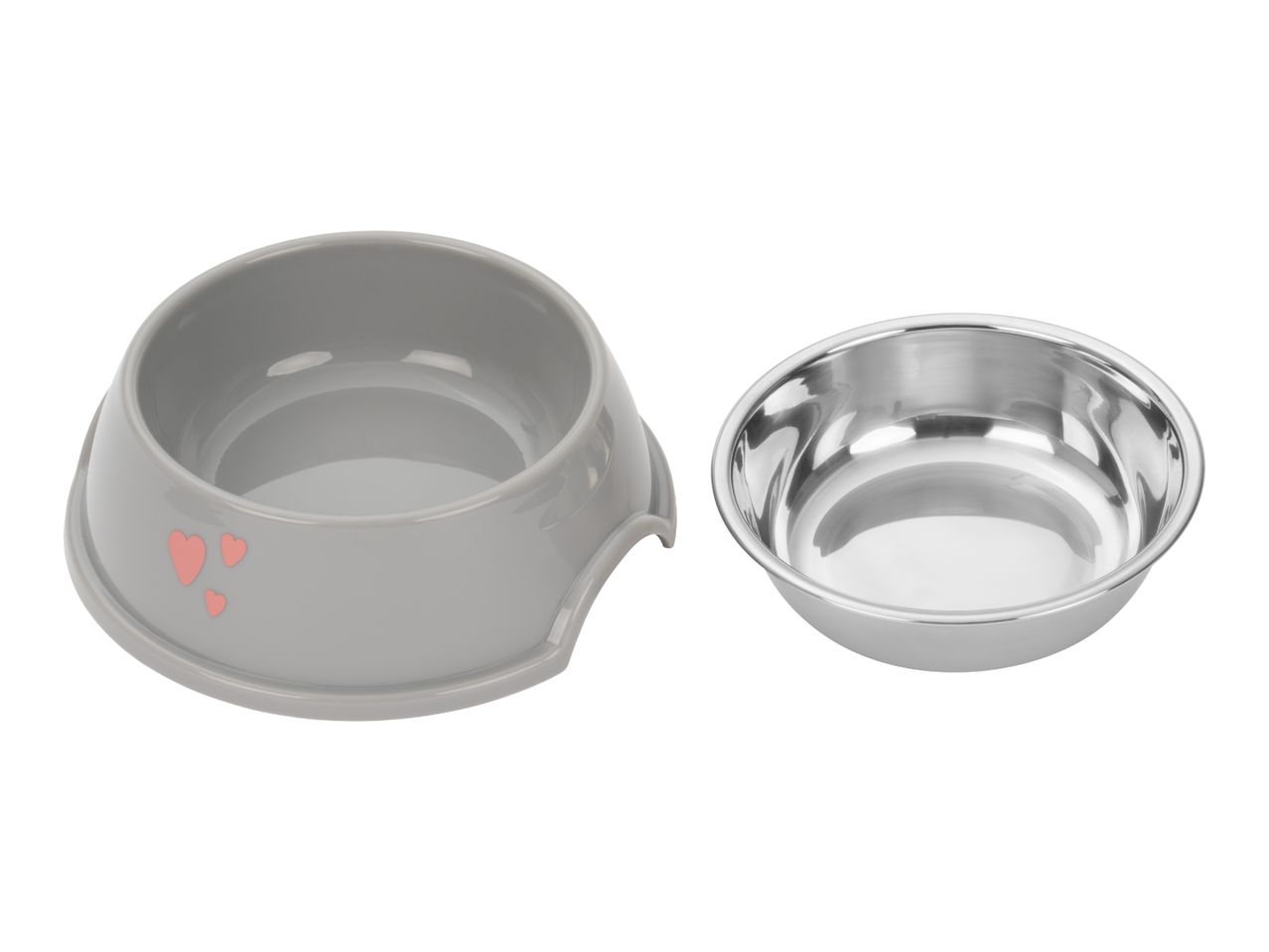 Grey plastic pet bowl with pink hearts next to a removable stainless steel insert