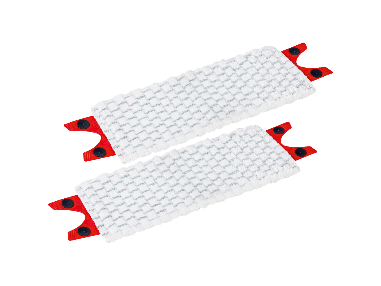 Две бели микрофибърни подложки за почистване с червени пластмасови дръжки.