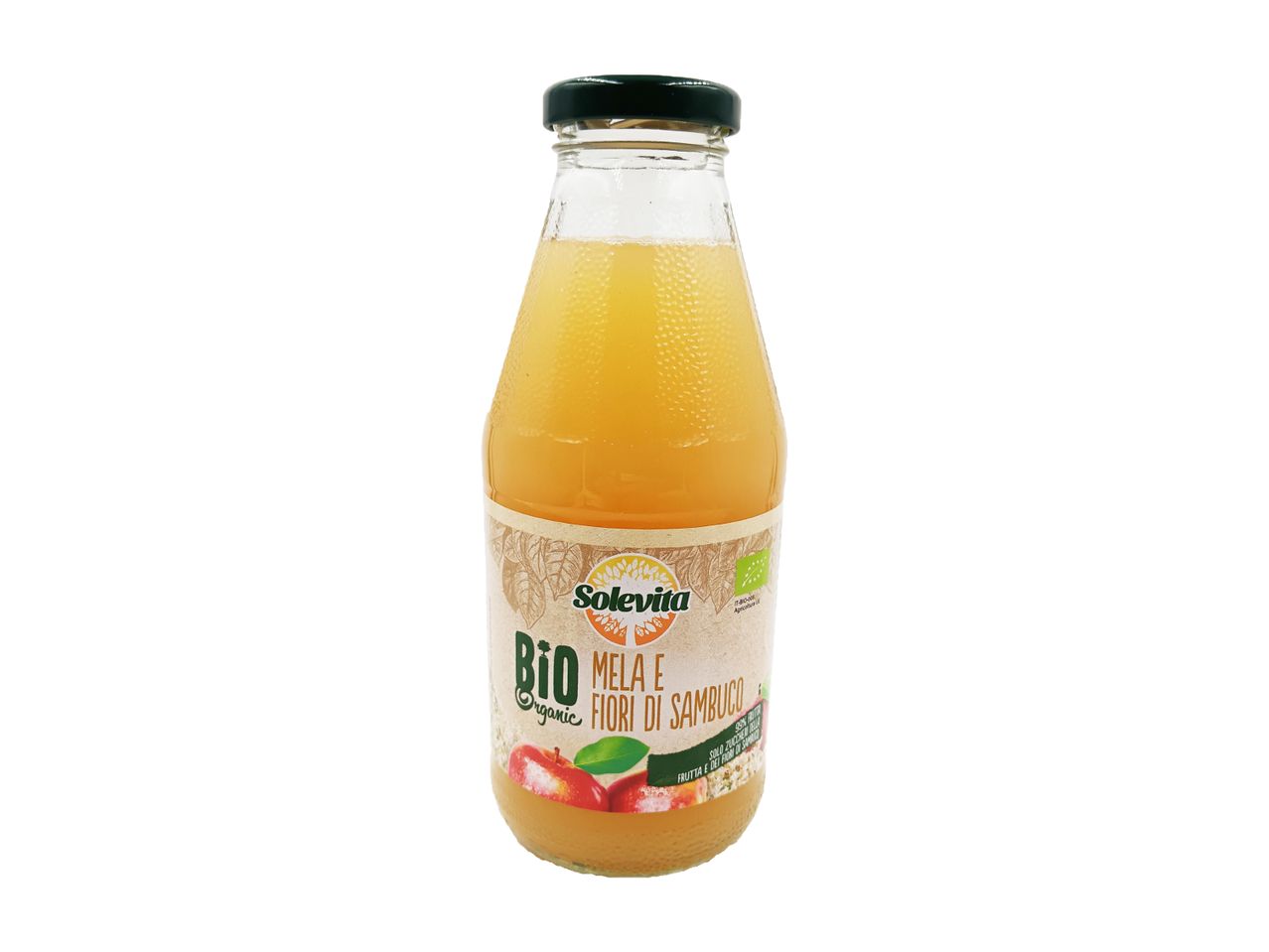 Bottiglia di succo di mela e fiori di sambuco bio Solevita.