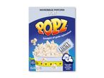 Pakke med mikrobølgepopcorn, fedtreduceret, med teksten 'Smagen af gode oplevelser'.