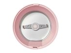 Top-down view of a pink electric coffee grinder with a stainless steel blade.