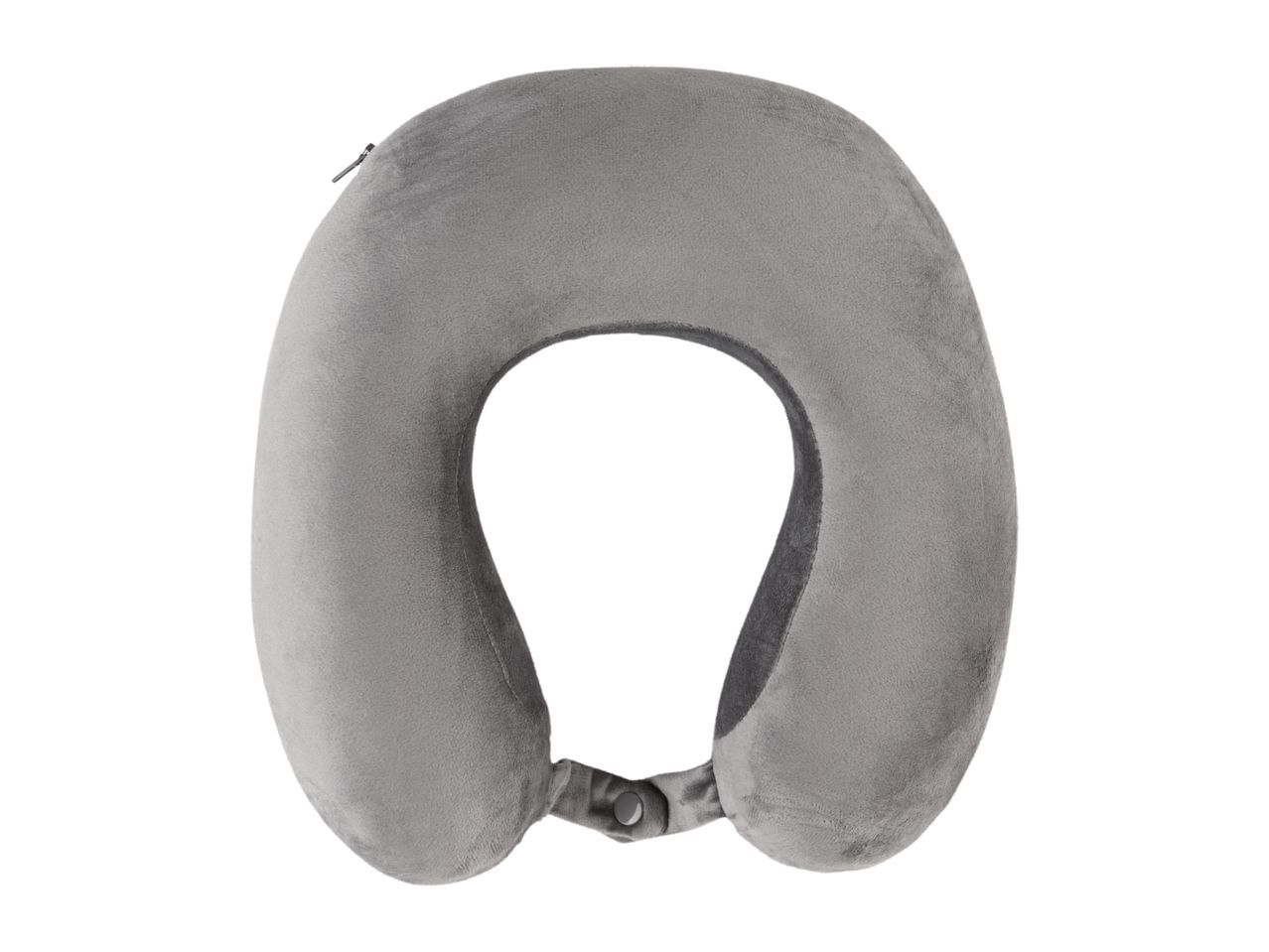 Gray U-shaped travel neck pillow with a snap closure.