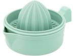 A mint green plastic citrus juicer with a ribbed top and a separate bowl for collecting juice.