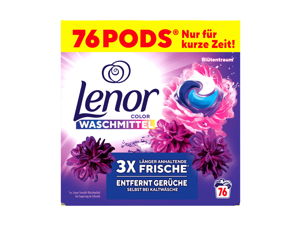 Waschmittel-Pods für Buntwäsche mit 76 Pods, blumigem Duft und langanhaltender Frische.
