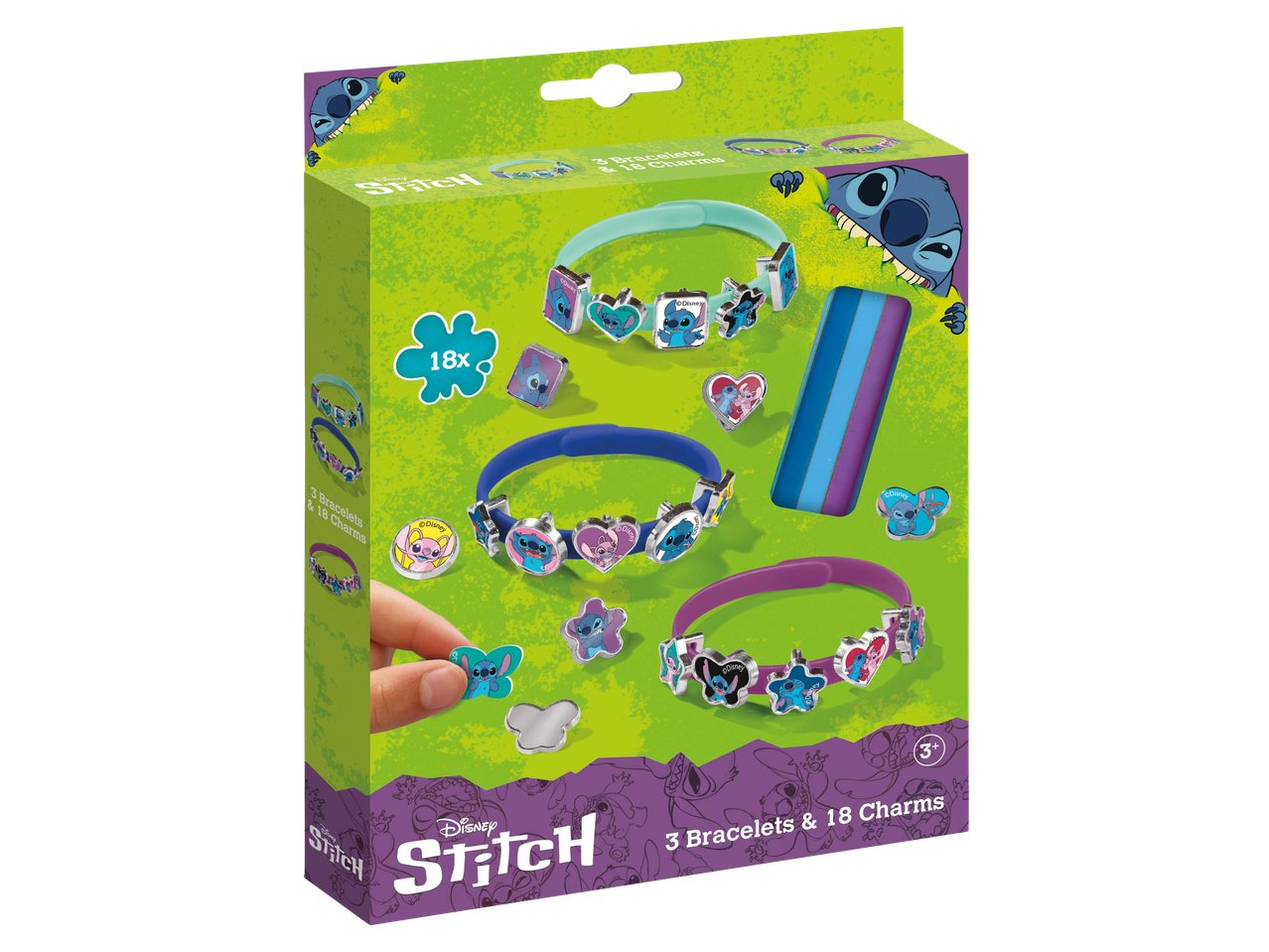 Set met 3 armbanden en 18 bedels met stripfiguren op een groene achtergrond.