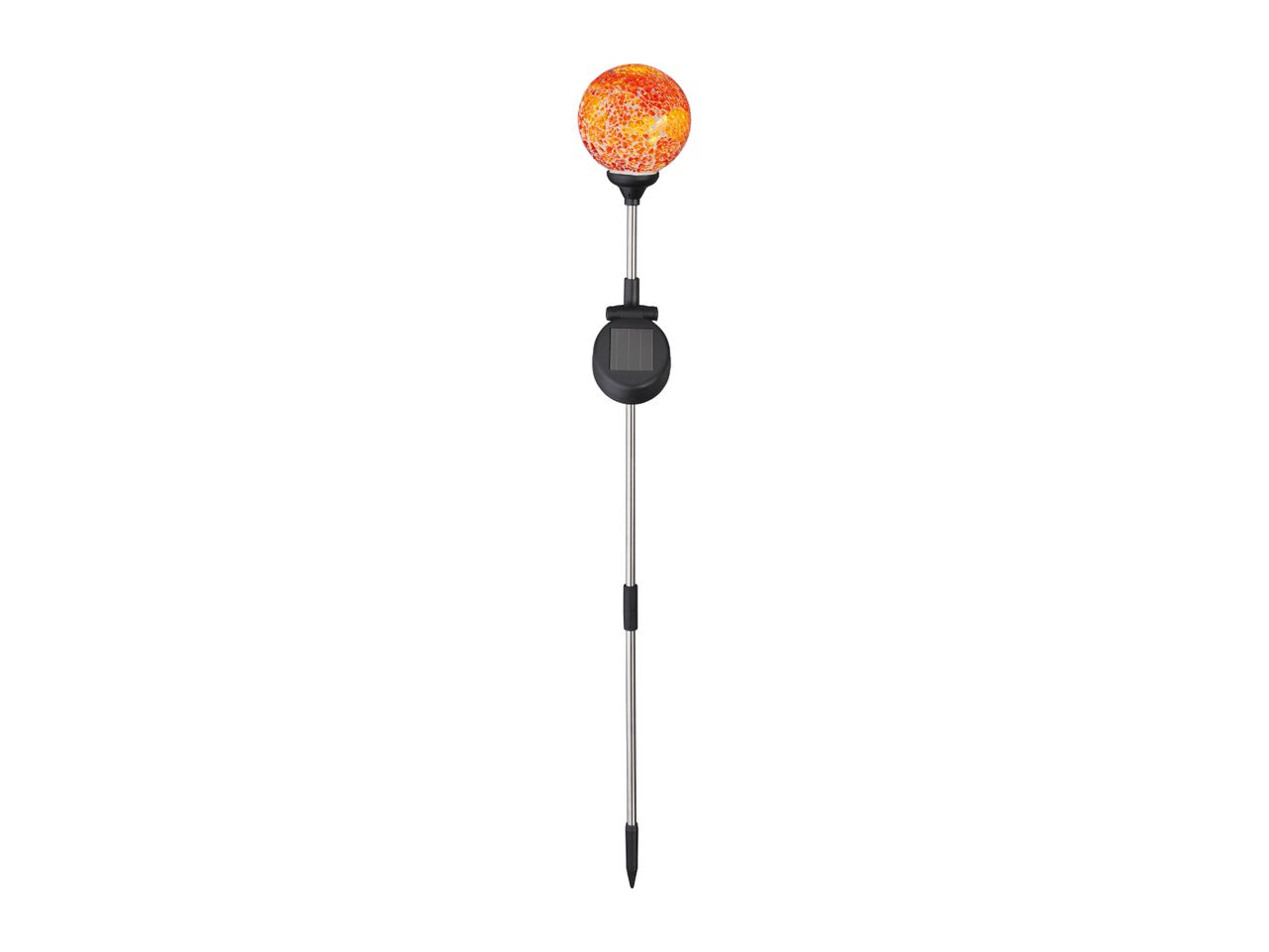 Solar garden stake light with an orange mosaic glass globe and a black solar panel.