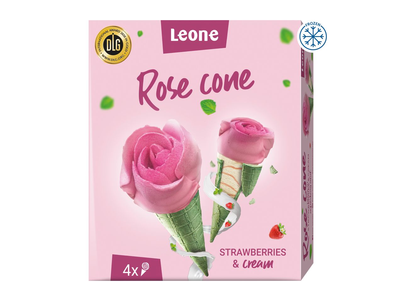 Pink box of rose cone ice cream with strawberries and cream, 4 pieces, frozen.