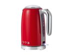 Red electric kettle with a chrome base and handle, featuring a water level indicator.