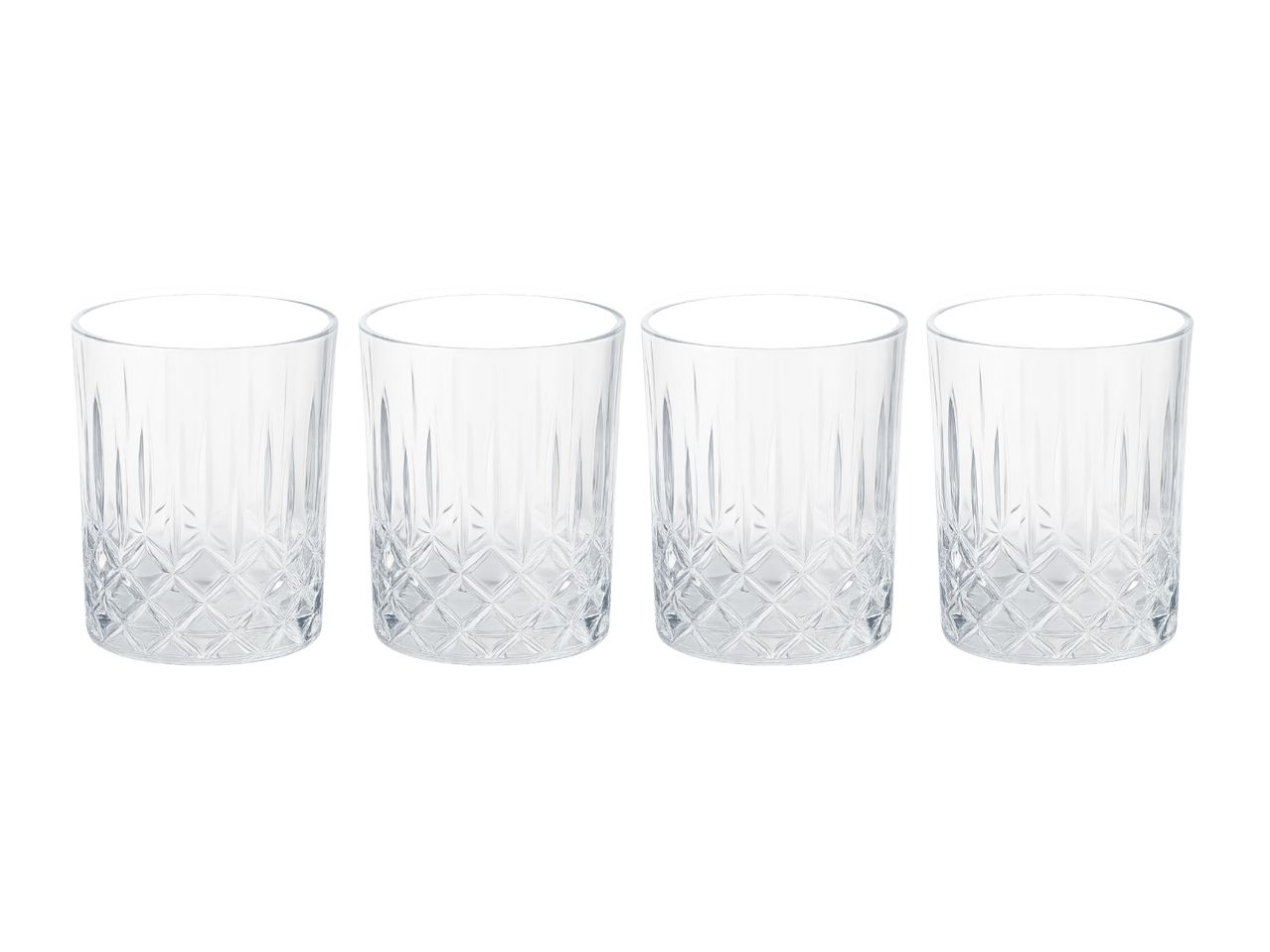 Four clear glass tumblers with a textured diamond pattern on the lower half.
