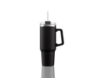 Black travel tumbler with straw.