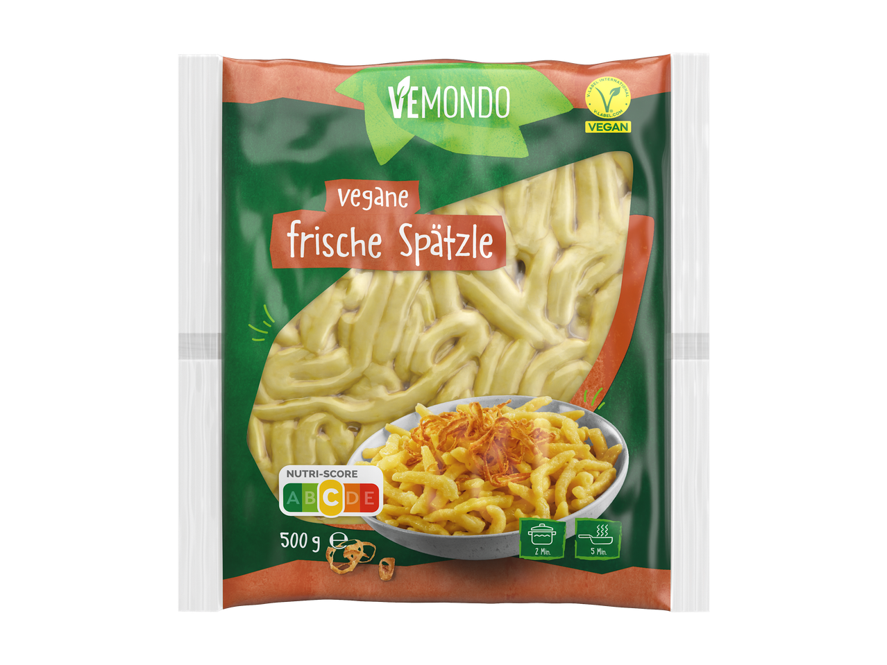 Vemondo vegane frische Spätzle in Verpackung, mit einem Serviervorschlag in einer Schale.