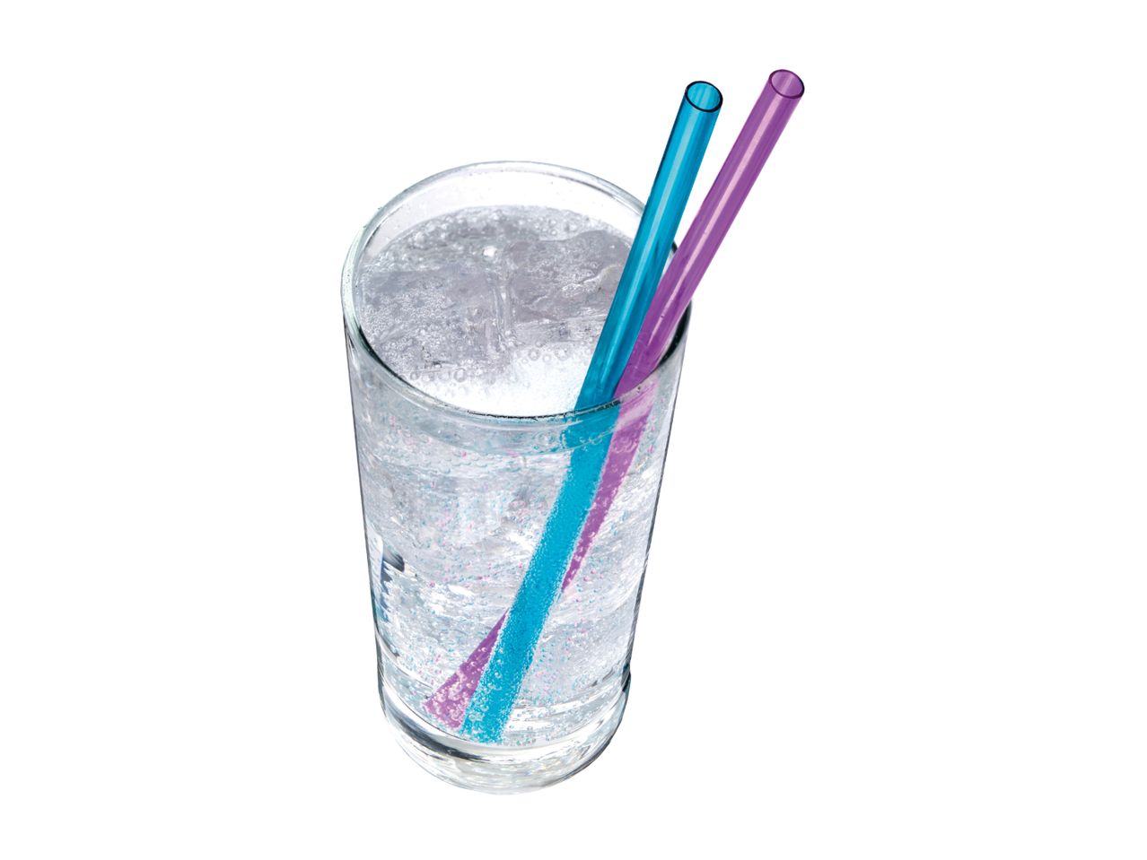 Glass of sparkling water with ice and two colorful straws