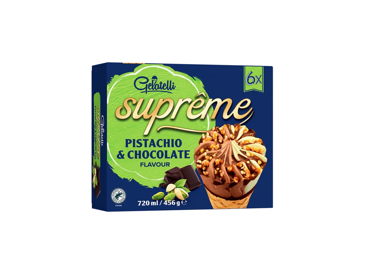 Cornets glacés Gelatelli Supreme, saveur pistache et chocolat.