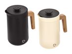 To kaffekander, en sort og en cremefarvet, med træhåndtag og sorte låg.