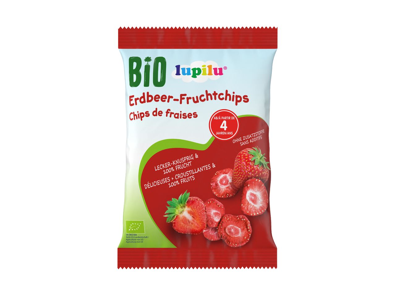 Lupilu Bio Erdbeer-Fruchtchips, 100% Frucht, ab 4 Jahren.