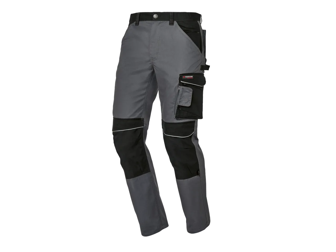 PARKSIDE PERFORMANCE® men's work trousers in grey and black with reflective accents.