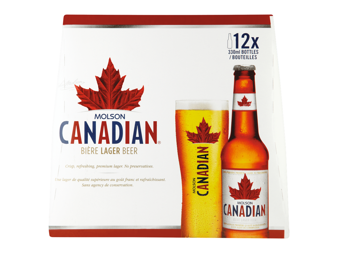 Molson Canadian 12-pack of 330ml lager beer bottles and a glass of beer.