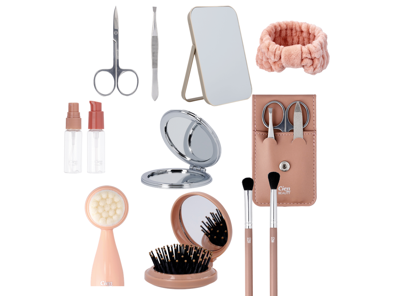 Cien Beauty-set med sminkborstar, speglar, nagelvård och hårband i rosa toner.