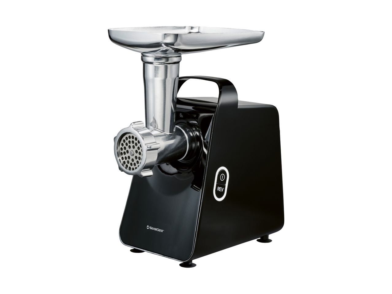 SilverCrest meat grinder with a black base and silver attachments