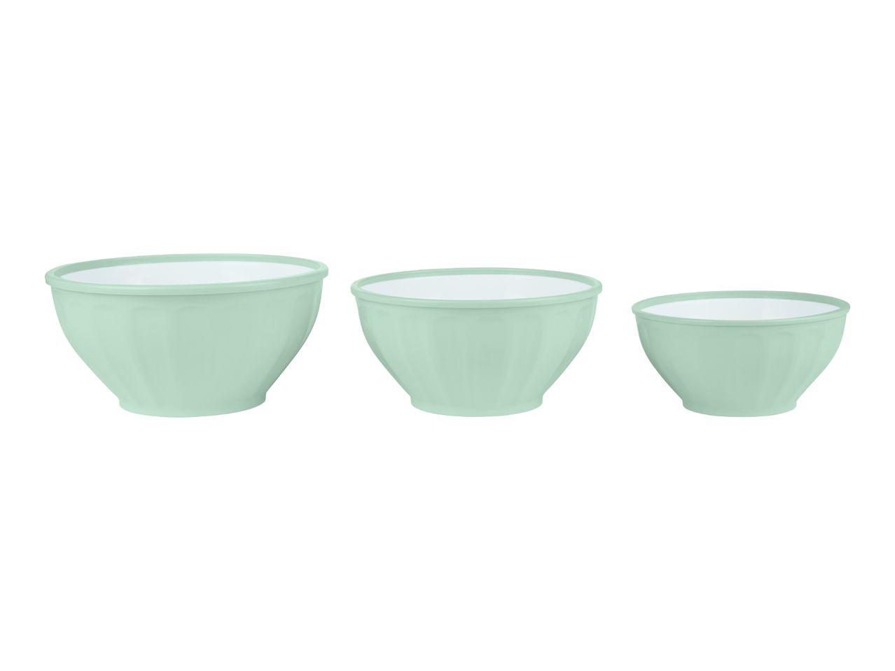 Set of three light green mixing bowls with white interiors, varying in size.
