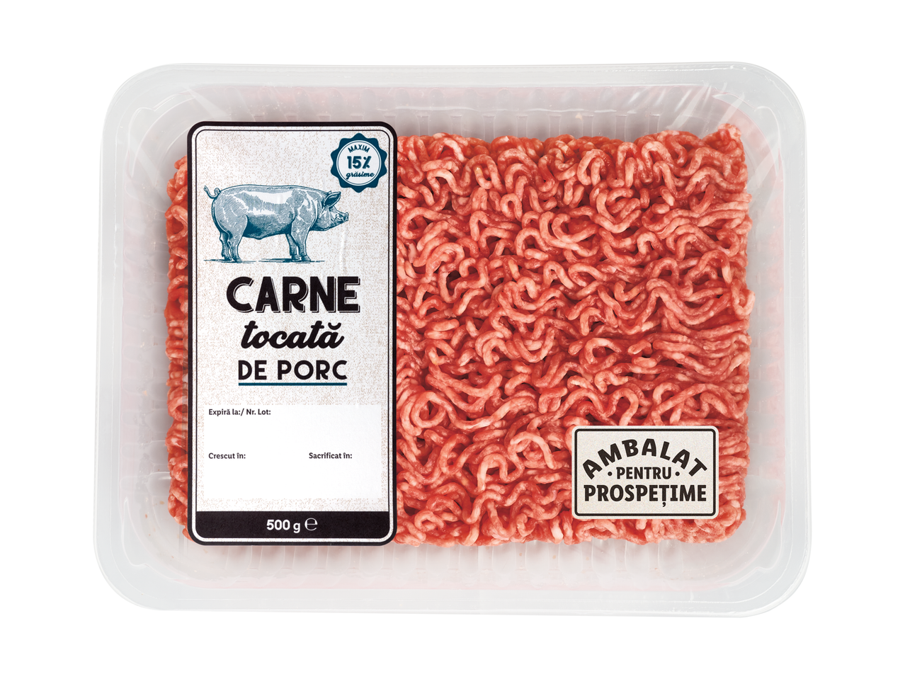 500g ambalaj de carne tocată de porc, maxim 15% grăsime.